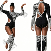 Costume de danse sur mesure pour femmes, combinaison de scène à franges noires et argentées, uniforme de majorette de haute qualité