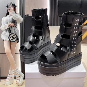 Women Summer New Rivet Wedge Sandals Thick Sole Platform Hollow Small Fish Mouth Roman Sandals - Product Image 1