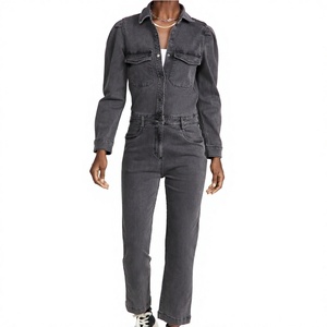 Women Denim Jumpsuit Full Sleeve Button Up Collar Solid Color Casual Long Length Breathable Midweight Cotton Spring Wear - Product Image 1