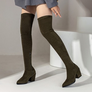 Stretch Suede Long Style Thigh High <b>Boots</b> Pointy Toe Square Medium Heels Over the Knee Custom Large Size 48 Women Shoes - Product Image 4