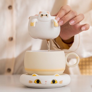แก้วกาแฟเซรามิคลายแมวพร้อมที่กรองชา ชุดแก้วน้ำชา ดีไซน์การ์ตูนน่ารักสดใส สำหรับชาและกาแฟ - Product Image 1