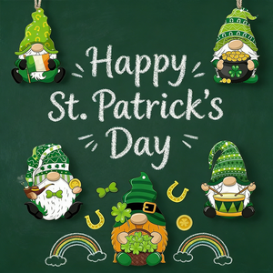 緑の格子縞模様の木製吊り下げレプラコーンオーナメント15個。お祭りのポーズをとっています。 ジュートロープを使用すると、聖パトリックの日に最適です。 - Product Image 6