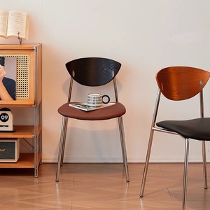 Chaise de salle à manger vintage en bois massif, assise noire rembourrée, acier inoxydable, style nordique rétro, pour café ou usage domestique - Product Image 2