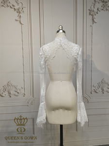 QUEENSGOWN Élégant Boléro de Mariée Amovible en Dentelle Chantilly Française <span class=keywords><strong>Ivoire</strong></span> à Manches Longues et Col Montant - Product Image 5