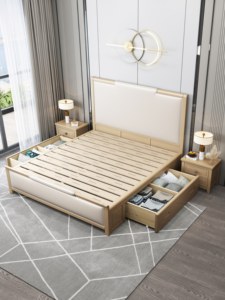 Modern Soft <b>Bed</b> Queen Size Upholstered Headboard <b>Platform</b> Design Beige Color - Product Image 2