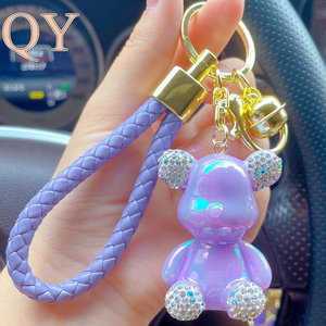 QY Wholesale Cute Sitting Bear Rhinestone Keychain Cartoon Crystal Figure Woven Rope Bag Charm <b>Car</b> <b>Key</b> <b>Ring</b> Gift Accessory - Product Image 4
