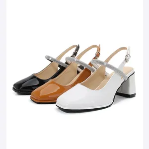 Sapatos de salto médio 6 cm, calçado feminino elegante com strass e salto baixo, couro envernizado