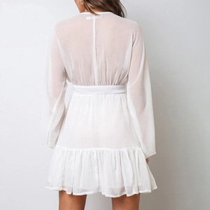 Abito Estivo da Donna Sexy con Scollo a V Profondo, Bianco in Pizzo a Maniche Lunghe, per Matrimoni e Feste, Elegante con Volant - Product Image 5