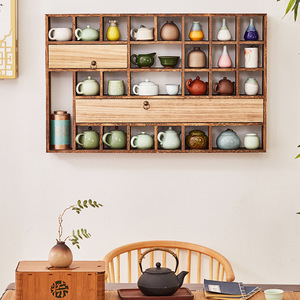 Estante de exhibición montado en la pared de estilo chino, estante de almacenamiento para tetera de madera maciza, forma rectangular para decoración de sala de estar - Product Image 5