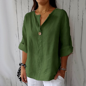 2025 nouveau Style européen et américain col en v coton <span class=keywords><strong>lin</strong></span> boutonné <span class=keywords><strong>chemise</strong></span> pour femmes ample grande taille rétro confortable haut décontracté - Product Image 6