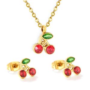 Ensemble collier et boucles d'oreilles en acier inoxydable plaqué or 18 carats avec pendentif cerise, pour femmes, mignon, rouge, vert, zircon, cristal, bijoux de fête, mariage - Product Image 1