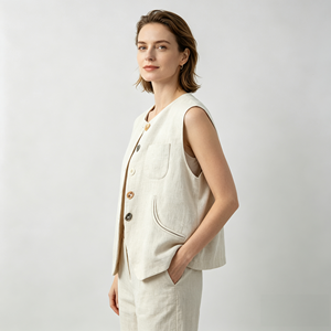 <b>Women's</b> <b>Linen</b>/Cotton Sleeveless Vest Button Front <b>Waistcoat</b> with Pockets Casual Outerwear - Product Image 2