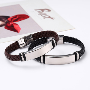 Customized Engrave Logo <b>Leather</b> Bangle Wristband Men's Stainless Steel Pu <b>Leather</b> Braided <b>Bracelets</b> - Product Image 2