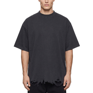 TOPSHOW Heavyweight Acid Washed Distressed Raw Hem Crop 300 Gsm <b>Tshirt</b> Oversized Blank Boxy Fit Tee Men - Product Image 1