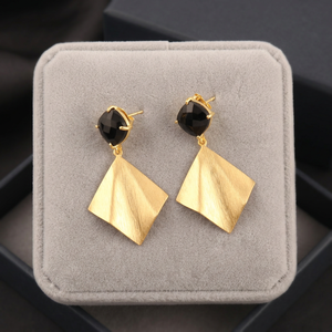Checker Cut Black Onyx Cushion Gemstone Drop Stud Earring with <b>Brushed</b> Finish Metal Brass 18k Gold Plated Women Jewelry Earring - Product Image 3