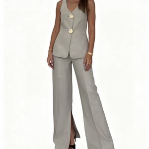 女式优雅纯色v领无袖背心 & 高腰宽腿裤休闲2件套Sehe时尚 - Product Image 1