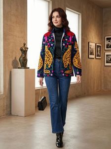 Hand Embroidered Breathable Cotton Velvet Safari <b>Jacket</b> <b>Mandarin</b> <b>Collar</b> Full Sleeve Floral Pattern Tiger Design Women's Finished - Product Image 6