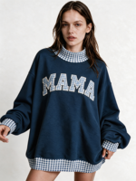 Sweat-shirt à col montant brodé patchwork pour femme, en mélange de coton, manches longues, style décontracté, pull d'automne, vente en gros
