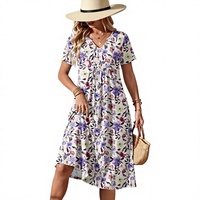 Robe midi décontractée d'été pour femmes, à manches courtes, coupe évasée, avec poches, col en V, motif floral, pour la plage, lavable