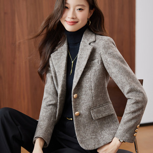 Women's Wool Blazer Gray Solid Color No-Wrinkle Treatment Petite Fit Casual Elegant Style - Product Image 3