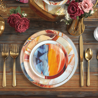 Service de vaisselle en céramique abstraite à l'aquarelle avec bord doré, assiettes en porcelaine colorées pour la décoration de table de banquet de mariage