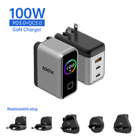 Charger Digital Lipat dengan Layar, Colokan UK 100W 65W PD 3.0 OVP untuk Ponsel, Tablet, Laptop, USB-C Type-C Pengisian Cepat