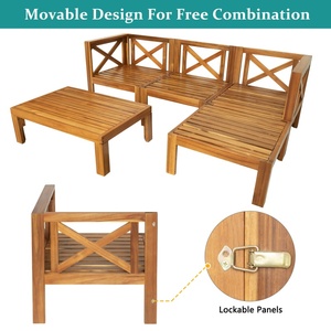 Ensemble de canapés modulaires 5 pièces en bois pour l'extérieur, design simple, confortable, avec coussins beiges, finition naturelle, pour jardins - Product Image 5