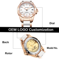 CALUOLA Montre automatique de luxe de haute qualité pour femmes, boîtier en acier inoxydable, cristal saphir, analogique, céramique, 18 mm, 5 BAR, résistante à l'eau