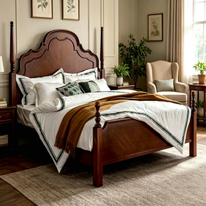 Premium Solid Wood Four Poster <b>Bed</b> Traditional Carved Tall Headboard Queen Size For Bedroom - Product Image 1