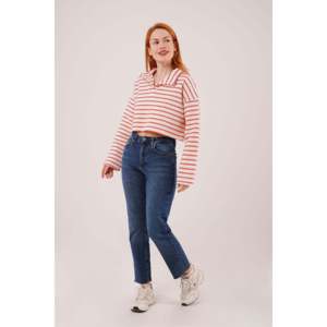 Women's <b>Red</b> Striped for Polo Collar Crop Sweatshirt Wholesale <b>Hoodies</b> & Sweatshirts - Product Image 5