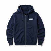 Hoodie Navy Zip Bordir Logo Kustom dengan Garis Panel Samping Melengkung, Lengan Panjang, Sweatshirt Kasual Unisex, OEM ODM Grosir