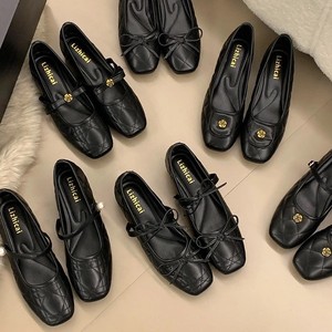 Chaussures plates, petites chaussures en cuir style pivoine Mary Jane pour femmes, couleur noire. - Product Image 4
