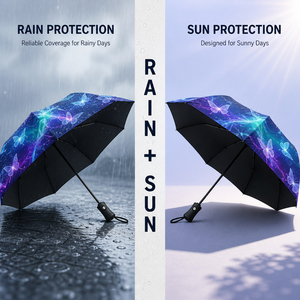 Parapluie promotionnel en pongé à impression intégrale, personnalisable avec logo, compact, portable, pliable en trois, résistant à la pluie et au vent - Product Image 3