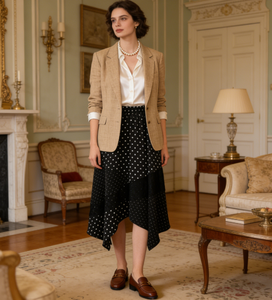 Falda Maxi <span class=keywords><strong>Trompeta</strong></span>/Sirena Negra con Puntos para Mujer - Cintura Elástica, Tejido <span class=keywords><strong>de</strong></span> Poliéster 200gsm, Ecológica, Transpirable, Casual, Verano - Product Image 5