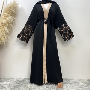 Dark Black Match Beige Hot Sell Muslim Women Open Abaya With Floral Lace Middle East Long Robe <b>Cardigan</b> for Ramadan 1502# - Product Image 6