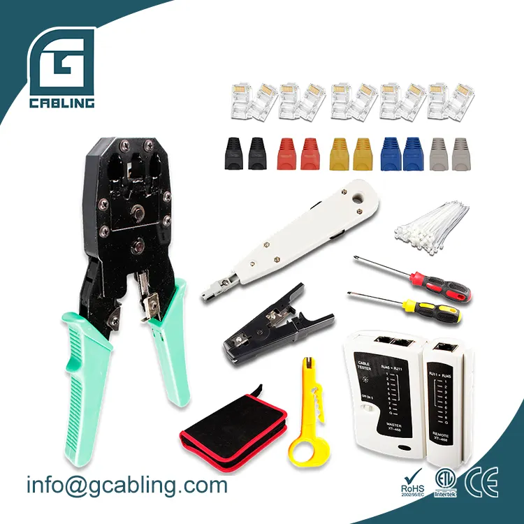 Gcabling-kit de herramientas de reparación de ordenador, crimpadora Rj45 con probador, herramienta de perforación, pelado de cables, kit de herramientas de red de conector Rj45