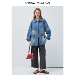 Vega Chang Giacca Casual Mini in Denim Americano Retrò, Blu Brillante con Sciarpa a Pois, Stile Unico e Sofisticato per il Pendolarismo, Design Non Ripetitivo - Product Image 3