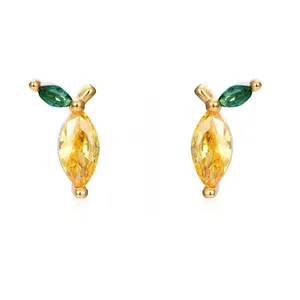 ISUEVA 24K Gold Plated Cute Fruit Pear Earrings for Women Yellow Zircon Small Earrings Stud Earrings Fashion Jewel