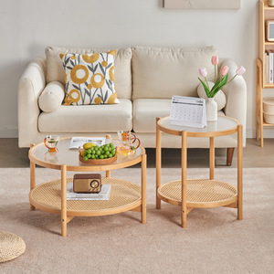 Round Coffee <b>Table</b> With <b>Rattan</b> Shelf Tempered Glass Top Solid Wood Frame Living Room Furniture <b>Small</b> Apartment Use - Product Image 2