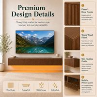 Meuble TV flottant HANYEE avec éclairage LED, prise de courant intégrée, console de divertissement murale en bois cannelé
