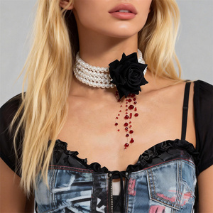 Collar de cuentas multicapa de perlas de imitación de Rosa gótica para mujer, Gargantilla con borlas en forma de gota de sangre a la moda, regalo de joyería de moda - Product Image 1
