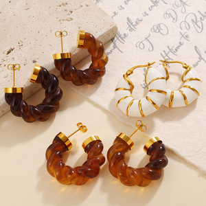 Pendientes de Aro de Resina Trenzada en Forma de U de Acero Inoxidable Color Ámbar, Joyería de Moda para Mujer para Fiestas - Product Image 2