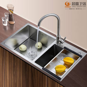 Évier de cuisine double en acier inoxydable 304 à encastrer, finition brossée, avec panier d'égouttage et bac à légumes - Product Image 4