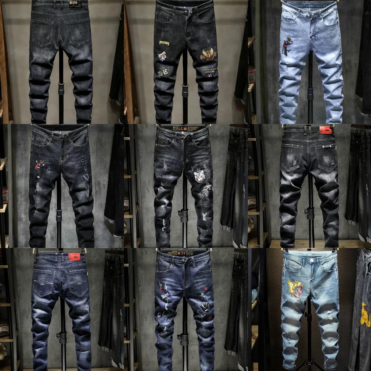 Black, white, grey, blue, red, etc