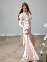 Robe de soirée longue Nicecover, best-seller, rose bonbon à pois, en satin, avec manches bouffantes et bordure en dentelle, amincissante, idéale pour les rendez-vous et le thé de l'après-midi