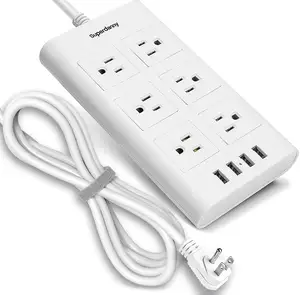 9.8ft 15A Surge Protector Power Strip 14AWG Extension Cord with USB 6 Outlet Charging Station Angle Flat Plug Adjustable Voltage