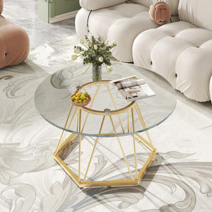 Mesa de Centro Redonda de Vidrio de Lujo Moderna, Mesa Pequeña Contemporánea para Sala de Estar con Marco Metálico Hexagonal para Salón u Oficina - Product Image 1