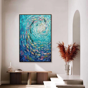 Dipinto ad Impasto Testurizzato Azure <span class=keywords><strong>di</strong></span> un Pesce Vibrante per Decorazione d'Interni, Grande Opera d'Arte Estetica da Parete - Product Image 1