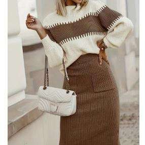 Pull en maille colorblock, jupe mi-longue ajustée, ensemble 2 pièces pour femmes, tendance - Product Image 5