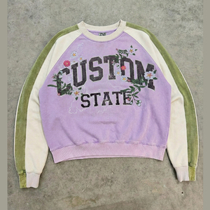 เสื้อสเวตเชิ้ตคอกลมโอเวอร์ไซส์ทรงโอเวอร์ไซส์  ลายดอกไม้สีสันตัดกัน  งานทำแบบดิสเทรส  ผ้าหนา 400 GSM  สไตล์สตรีทแวร์ สำหรับผู้ชาย - Product Image 1